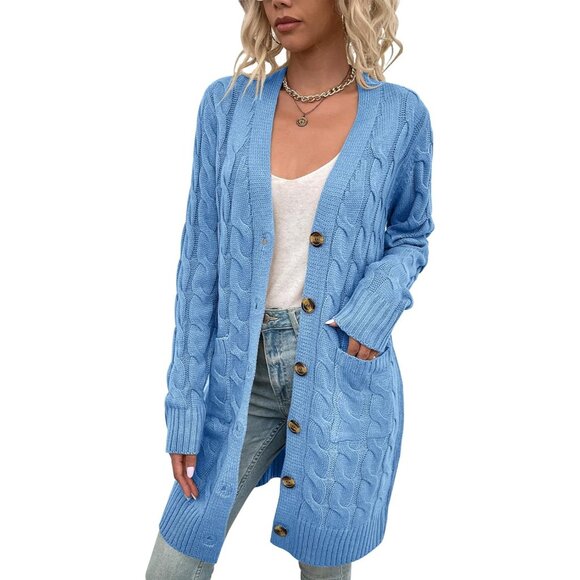 Disi Womens blue Cardigan Long Sleeves Cable Knit Open Front Loose Sweaters - Picture 1 of 5
